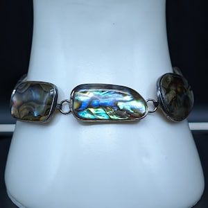 Vintage Sterling Silver Abalone Shell Link Toggle Bracelet