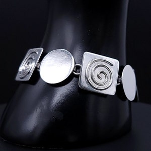 Vintage MCM Bracelet, Sterling Silver, FORBES Hallmark, Designer MCM Geometric Circle Spiral Square Panel Link Silver Bracelet