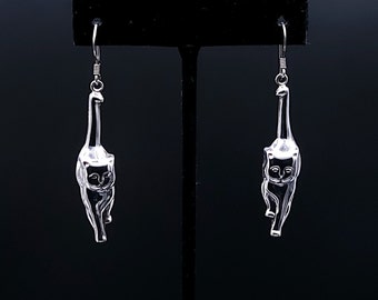 Vintage Cat Earrings, Sterling Silver, 3D Hollow Puff Walking Cat Silver Earrings