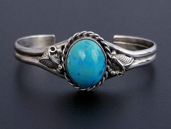 Vintage Sterling Silver Turquoise Cuff Bracelet, Navajo Les Hill