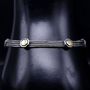 Vintage Sterling Silver Greek Style Brass Station Triple Wheat Chain Bracelet, 7.25&quot;, TOPKAPI Hallmarked