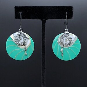 Vintage Shell Earrings, Sterling Silver, Round Green Seashell Leaf Overlay Silver Earrings