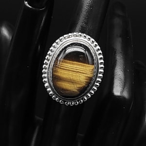 Vintage Sterling Silver Large Tiger&#39;s Eye Quartz Statement Ring, size 5.75
