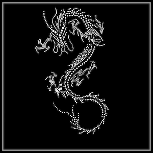 May include: A white dragon design made of small white dots on a black background.