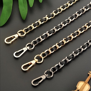 Schwarze Leder Geldbörse Kette, Metall Schulter Handtasche Riemen, Ersatz Henkel Kette, Metall Crossbody Taschenkette mit Lederband, L1081