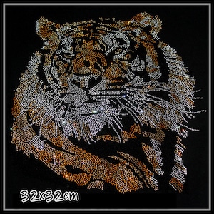 Può includere: Primo piano del muso di una tigre fatto di strass. La tigre è di colore marrone chiaro con strisce nere. Gli strass sono trasparenti e argentati. Il muso della tigre misura 32x32 cm.