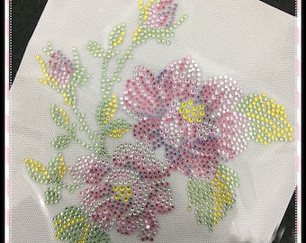 Rose Rhinestone Transfer, Iron on hot fix, Rhinestone Transfer Bling Hot Fix Iron on Patch Motif Design Transfer, Crystal Bling Motif, Z124