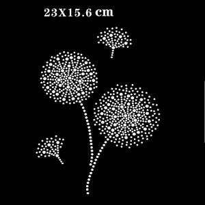 May include: A white iron-on design of three dandelion flowers with a dotted pattern. The design measures 23 by 15.6 centimeters.