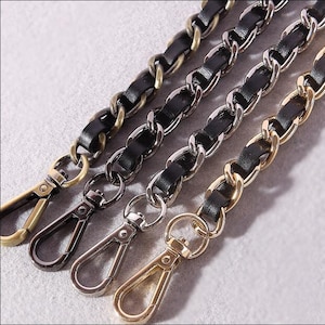 Chaîne de sac à main en cuir noir, bandoulière en métal pour sac à main, chaîne de poignée de rechange, chaîne de sac à bandoulière en métal avec lanière en cuir, L1144