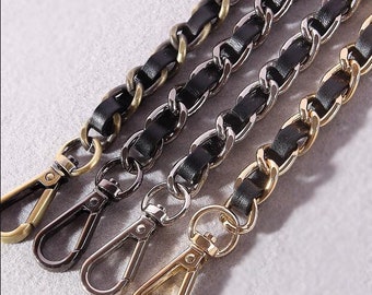 Zwart lederen portemonnee ketting, metalen schouder handtas riem, vervangende handvat ketting, metalen crossbody tas ketting met lederen band, L1144