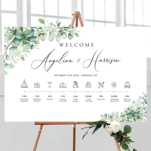 Wedding Timeline Sign Template, Editable Wedding Itinerary Sign, Greenery Order of Events Sign, Printable Timeline, Instant download, GIGI