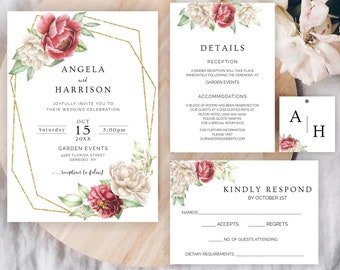 Burgundy Wedding Invitation Suit, Gold Frame with Red and White Florals template, Printable Wedding Set, Romantic Invitation Pack, , ANGELA