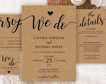 Suite di inviti di nozze Boho, pacchetto di inviti di nozze rustici, modelli di nozze vintage, set di nozze semplici, Kraft, matrimonio stampabile, ANNA