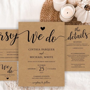 Suite de invitación de boda Boho, paquete de invitación de boda rústica, plantillas de boda vintage, conjunto de boda simple, Kraft, boda imprimible, ANNA