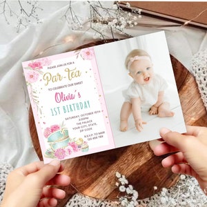 Floral Par-Tea Birthday invitation, Tea Party birthday Invitation, Editable Photo Card invite, Par tea photo Invitation Template, BGT01