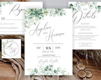 Greenery Wedding Invitation Suite, Leaf Wedding Invitation Set, Printable Eucalyptus Wedding template, Editabe wedding invitation, GIGI