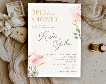 Può includere: Invito a un bridal shower con un design floreale ad acquerello. L'invito è per Kristen Gillan e include la data, l'ora e il luogo dell'evento. Sono inclusi anche le informazioni RSVP e i dettagli del registro.