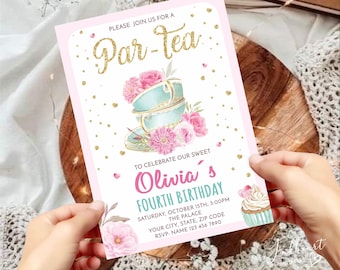 Tea Party Birthday Invitation Template, Printable Birthday Invitation for Girl, Editable Partea Birthday Invitation, Instant Download, BGT01