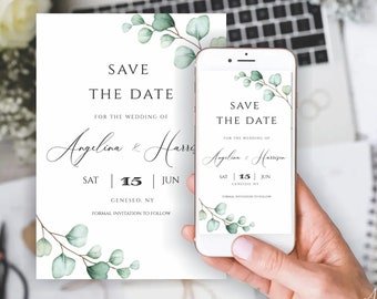 以下が含まれることがあります： 白い結婚式の招待状と、同じデザインを表示するスマートフォン。 デザインには、「Save the Date」のテキストと「Angelina & Harrison」の名前、日付「6月15日」が含まれています。 緑色のユーカリの枝が角を飾っています。
