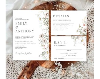 Op de afbeelding: Een huwelijksuitnodigingsset met een bloemenontwerp. De uitnodiging bevat de namen Emily & Anthony, de datum en tijd van de bruiloft en de locatie. De RSVP-kaart heeft een sectie voor gasten om hun aanwezigheid en dieetwensen aan te geven.