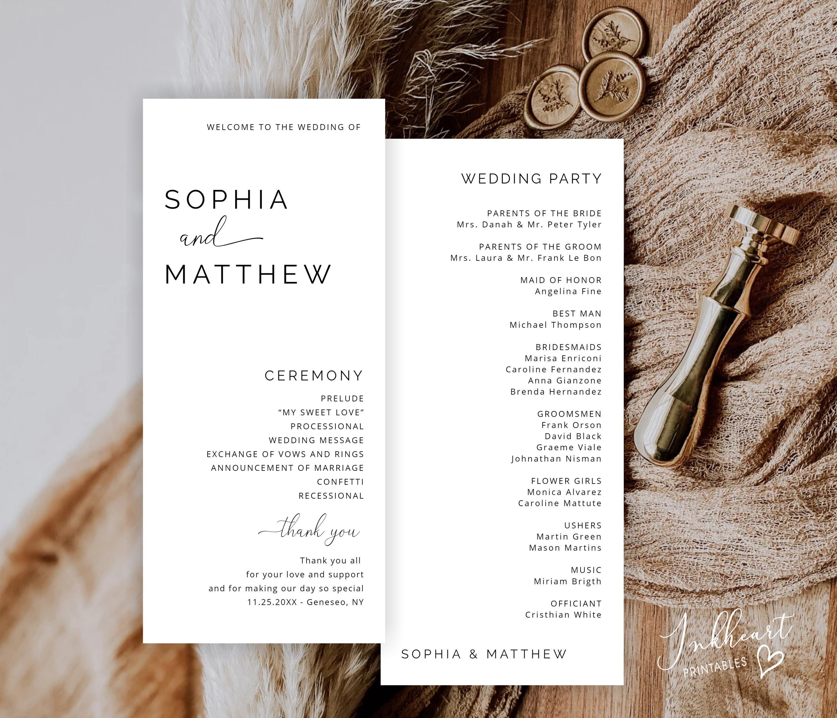Minimalist Wedding Program Template, Modern Ceremony Template, Printable Program, Wedding Program Printable, Editable Program, SOPHIA