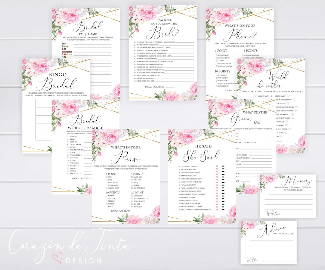 Bridal Shower Games Floral Bridal Shower Games Set Printable Etsy