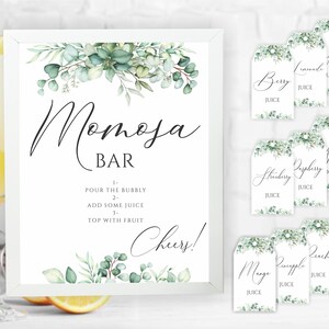 Momosa Bar Sign and Juice Tags Set, Greenery Momosa Bar Sign, momosa Juice Tags,  momosa sign, Printable Momosa Bar Sign, GIGI