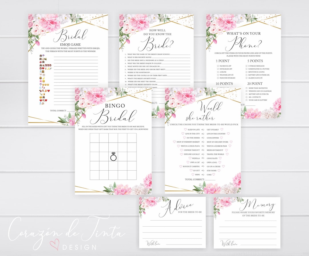 Bridal Shower Games, Floral Bridal Shower Games Set, Bridal Games