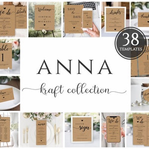 Boho Wedding Bundle, Editable Vintage Wedding Set, Rustic Wedding Stationary, Simple Wedding Suite, Kraft Invitation, Instant Download, ANNA