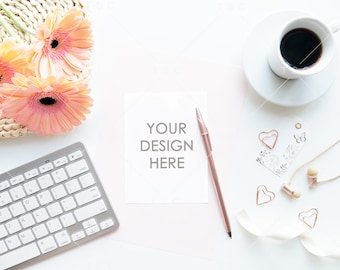 Download Free Card Mockup / Stationery Styled Stock Photo / Paper Mockup / Styled Desk / Paper, Flower, Coffee, Ribbon and Paper Clips / Stationery PSD Template