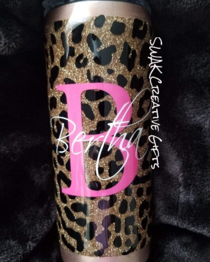 Leopard print glitter tumbler initial personalized gold Etsy