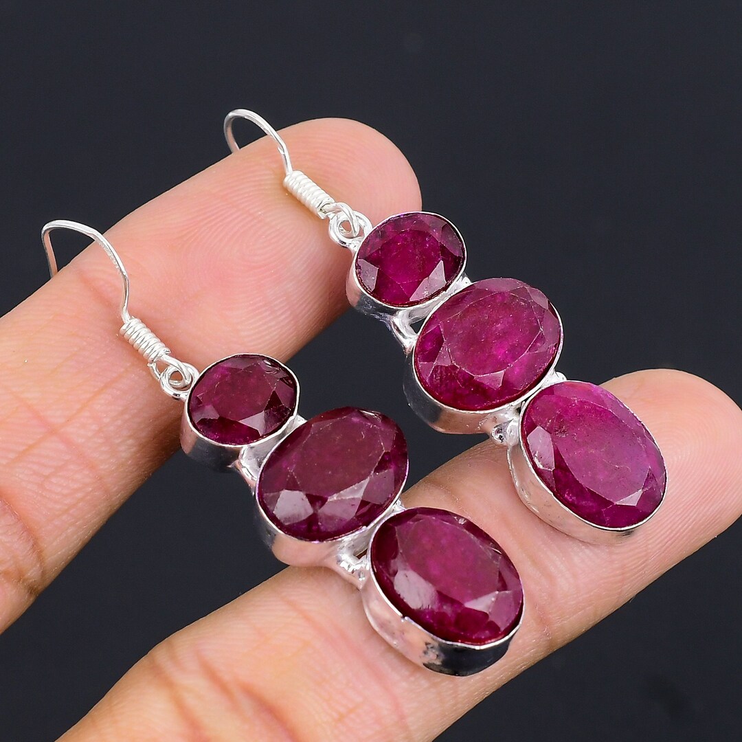Kashmiri Red Ruby Earring Gemstone Earring 925 Sterling Silver Earring