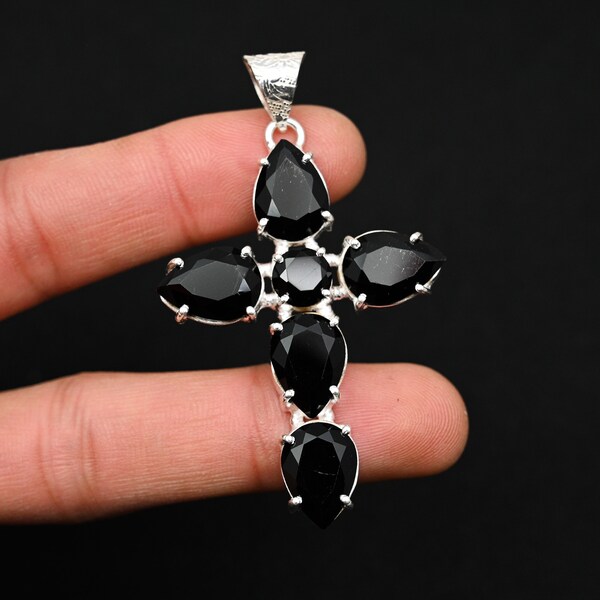 Faceted Black Spinel Pendant 925 Sterling Silver Pendant Vintage Pendant Handmade Cross Design Pendant Real Gemstone Jewelry Gift For Love