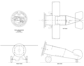 May include: A black and white line drawing of a pedal-powered Red Baron airplane toy. The drawing shows the toy from the top, front, and side views. The toy has a propeller, wheels, and a cockpit.