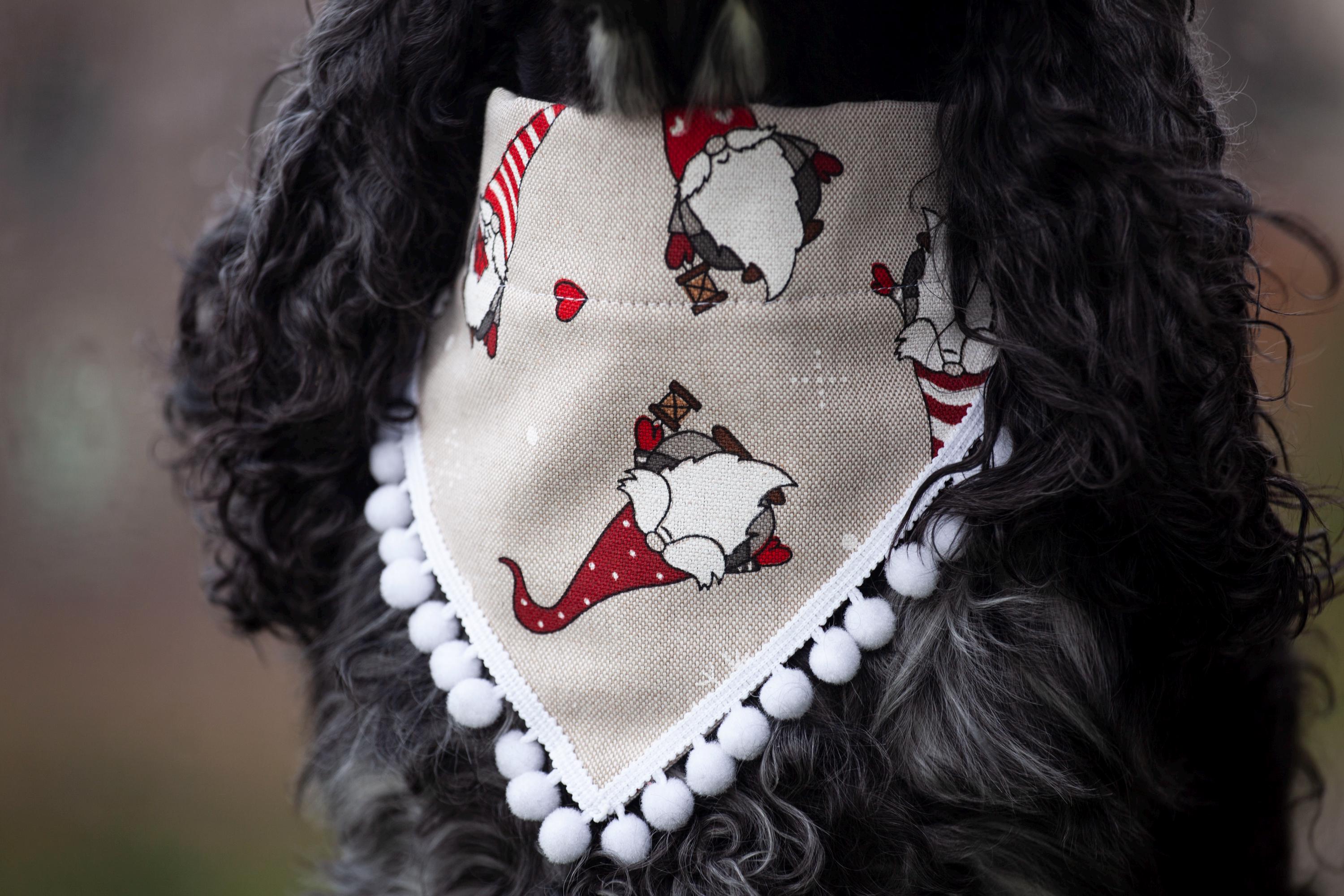 Holiday bandana with pompoms - Slip on Over the Collar | tie on Dog Bandana - Cat bandana - Pet Accessories - Bandana for puppy