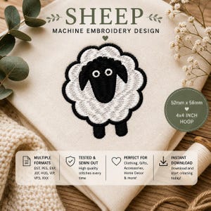 Puede incluir: Un diseño de bordado a máquina con un gráfico de oveja en blanco y negro. El texto dice SHEEP MACHINE EMBROIDERY DESIGN, 52mm x 56mm, 4x4 INCH HOOP, MULTIPLE FORMATS DST, PES, EXP, JEF, HUS, VIP, VP3, XXX, TESTED & SEWN OUT, INSTANT DOWNLOAD.
