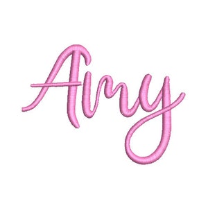 May include: A pink embroidered design of the name "Amy" in a cursive script. The letters are in a soft, light pink color, and the stitching gives a textured appearance. The design is set against a plain white background.
