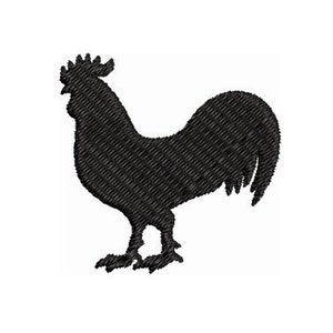 May include: Black embroidered rooster silhouette on a white background. The rooster is shown in profile, with detailed feathering and a prominent comb and wattle. Ideal for embroidery, patches, or fabric crafts.