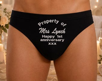 Personalised 1st Anniversary Briefs, Property of My Wife Underwear, Custom Embroidered Wedding Anniversary Gift for Husband