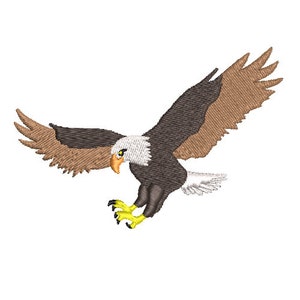 May include: A brown and white bald eagle with yellow talons is flying with its wings spread wide. The eagle is in mid-flight with its head turned to the side.