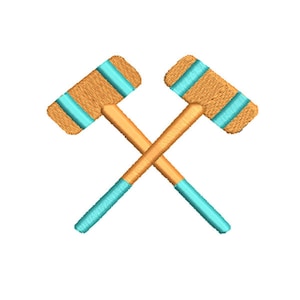 May include: Two crossed wooden mallets with blue trim, a common symbol of the sport of polo.