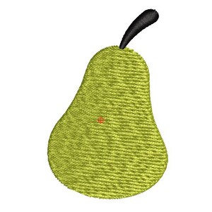 May include: An embroidered design of a green pear with a black stem. The pear is a light green colour with a textured appearance. A small red cross is in the centre of the pear. The design is on a white background.