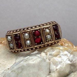 Antique Victorian Chester 1882 9ct gold red stone and pearl ring band stacker size ukL usa53/4