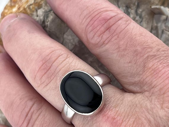 silver statement black agate ring size uk T1/2 US… - image 6