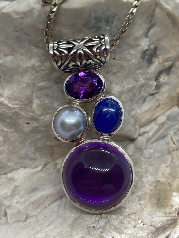 925 Vintage Rectangular Black Blue Multi Color Pendant with Amethyst in Sterling Silver Mount