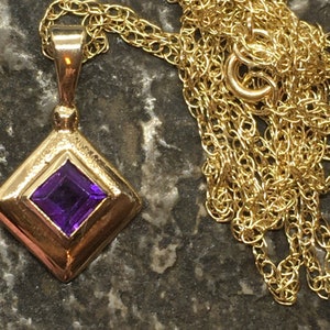 Vintage 9ct natural amethyst emerald cut square pendant necklace
