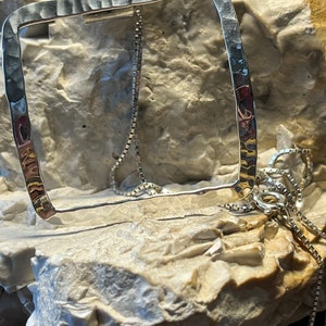 Hammered silver large square pendant necklace