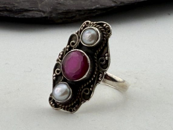 ruby and Pearl silver statement ring size uk O US… - image 2