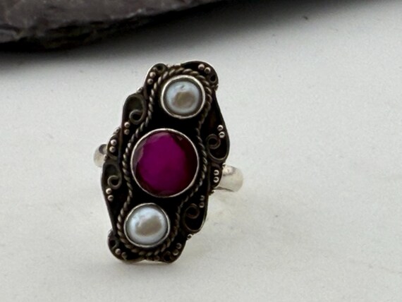 ruby and Pearl silver statement ring size uk O US… - image 7