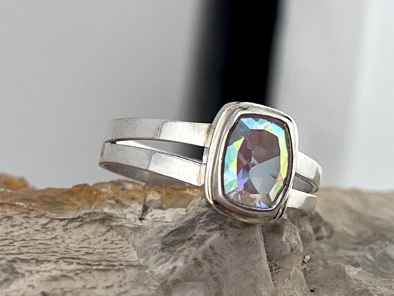 solid silver rainbow crystal solitaire ring size … - image 9